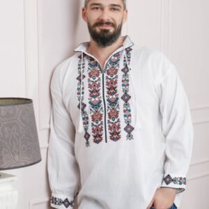 Camasa barbateasca traditionala alba cu motiv geometric multicolor Ovidiu 04