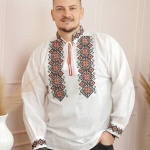 Camasa barbateasca traditionala alba cu motiv geometric multicolor Stefan