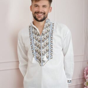 Camasa barbateasca traditionala alba cu motiv geometric multicolor Victor