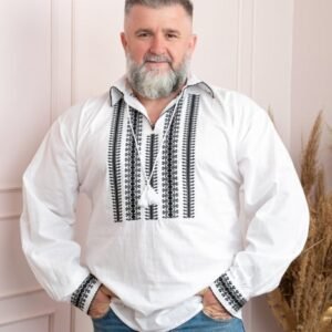 Camasa barbateasca traditionala alba cu motiv geometric negru Adrian