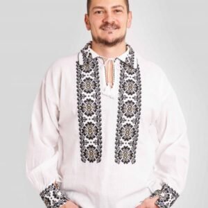 Camasa barbateasca traditionala alba cu motiv geometric negru Cornel