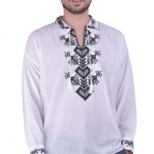 Camasa barbateasca traditionala alba cu motiv geometric negru Eduard 02