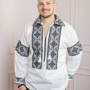 Camasa barbateasca traditionala alba cu motiv geometric negru Marcel