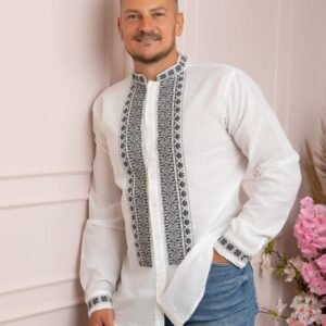 Camasa barbateasca traditionala alba cu motiv geometric negru Maximilian