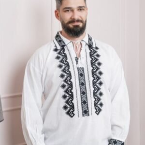 Camasa barbateasca traditionala alba cu motiv geometric negru Petru 01