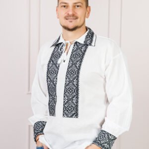 Camasa barbateasca traditionala alba cu motiv geometric negru Toma 03