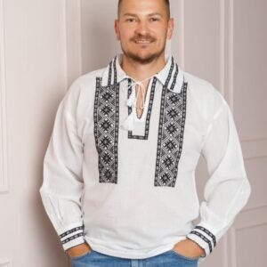 Camasa barbateasca traditionala alba cu motiv geometric negru Traian