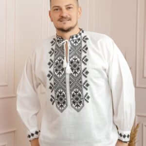 Camasa barbateasca traditionala alba cu motiv geometric negru Vlad