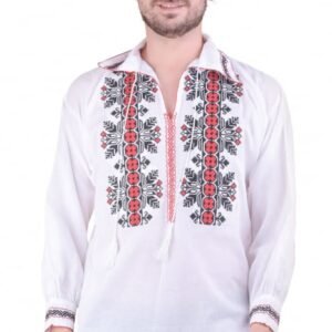 Camasa barbateasca traditionala alba cu motiv geometric rosu Alexandru 01