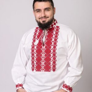 Camasa barbateasca traditionala alba cu motiv geometric rosu Calin 01