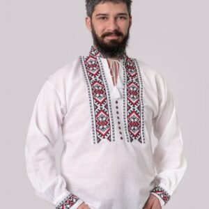 Camasa barbateasca traditionala alba cu motiv geometric rosu Carol 01