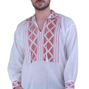Camasa barbateasca traditionala alba cu motiv geometric rosu Cosmin