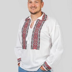 Camasa barbateasca traditionala alba cu motiv geometric rosu Dorian