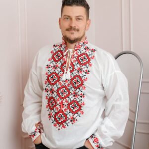Camasa barbateasca traditionala alba cu motiv geometric rosu Dorin