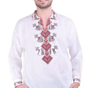 Camasa barbateasca traditionala alba cu motiv geometric rosu Eduard 03