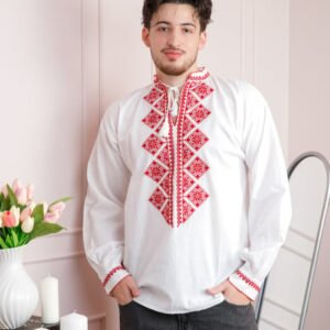 Camasa barbateasca traditionala alba cu motiv geometric rosu Emil 01