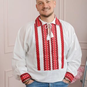 Camasa barbateasca traditionala alba cu motiv geometric rosu Horia 01