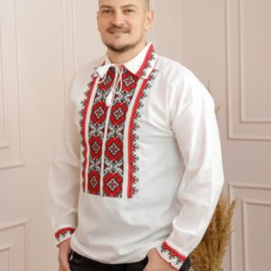 Camasa barbateasca traditionala alba cu motiv geometric rosu Iustin