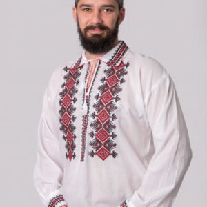 Camasa barbateasca traditionala alba cu motiv geometric rosu Ivan 01