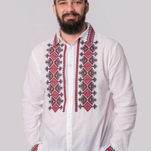 Camasa barbateasca traditionala alba cu motiv geometric rosu Ivan 04