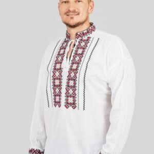 Camasa barbateasca traditionala alba cu motiv geometric rosu Luca 03