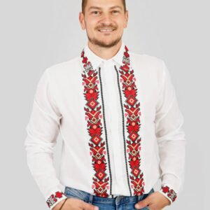 Camasa barbateasca traditionala alba cu motiv geometric rosu Ovidiu 03