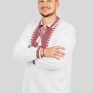 Camasa barbateasca traditionala alba cu motiv geometric rosu Pavel 01