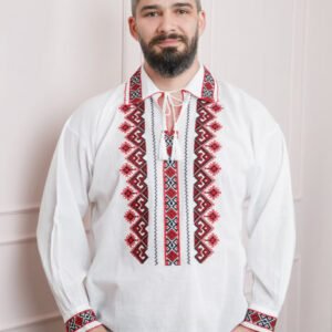 Camasa barbateasca traditionala alba cu motiv geometric rosu Petru 06