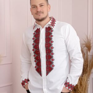 Camasa barbateasca traditionala alba cu motiv geometric rosu Petru 07