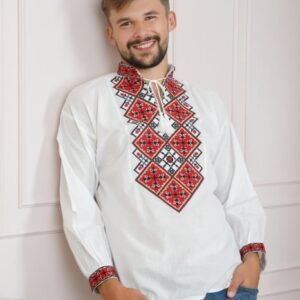 Camasa barbateasca traditionala alba cu motiv geometric rosu Raul
