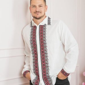 Camasa barbateasca traditionala alba cu motiv geometric rosu Razvan 01