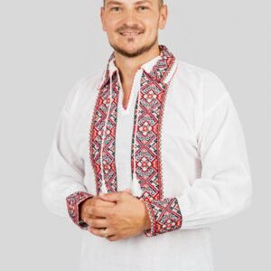 Camasa barbateasca traditionala alba cu motiv geometric rosu Toma 01