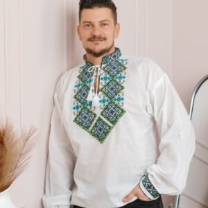 Camasa barbateasca traditionala alba cu motiv geometric turcoaz Andreas