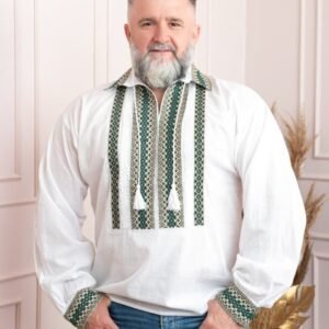 Camasa barbateasca traditionala alba cu motiv geometric verde Horia 03