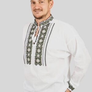 Camasa barbateasca traditionala alba cu motiv geometric verde Luca 02