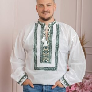 Camasa barbateasca traditionala alba cu motiv geometric verde Matei