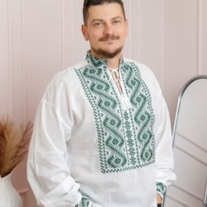 Camasa barbateasca traditionala alba cu motiv geometric verde Sebastian 01