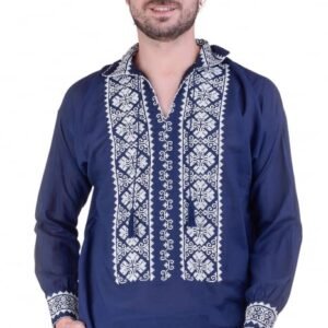 Camasa barbateasca traditionala albastra cu motiv floral alb Bogdan 02