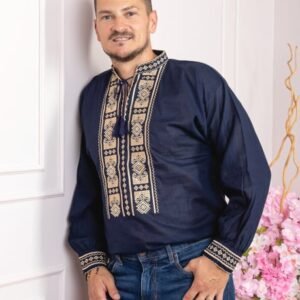 Camasa barbateasca traditionala albastra cu motiv geometric auriu Robert 02