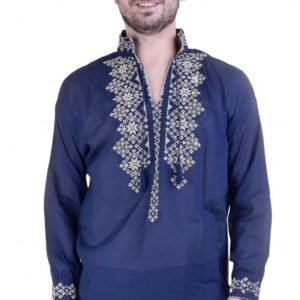 Camasa barbateasca traditionala albastra cu motiv geometric crem Albert
