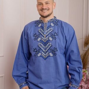 Camasa barbateasca traditionala albastra cu motiv geometric crem Eduard 04
