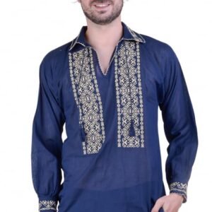 Camasa barbateasca traditionala albastra cu motiv geometric crem Iulian 01
