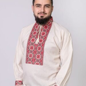 Camasa barbateasca traditionala crem cu motiv floral rosu Ernest