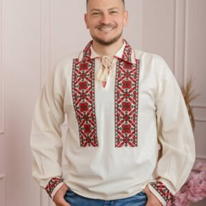 Camasa barbateasca traditionala crem cu motiv floral rosu Iosif 02