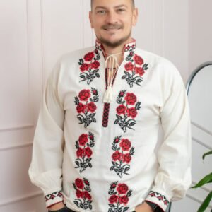 Camasa barbateasca traditionala crem cu motiv floral rosu Matias