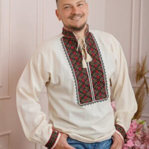Camasa barbateasca traditionala crem cu motiv floral rosu Radu
