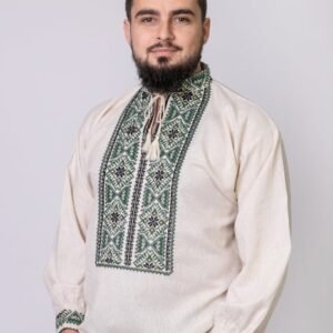 Camasa barbateasca traditionala crem cu motiv floral verde Paul 02