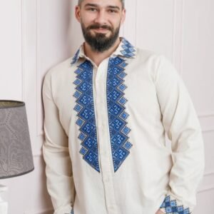 Camasa barbateasca traditionala crem cu motiv geometric albastru Petru 05