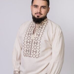 Camasa barbateasca traditionala crem cu motiv geometric auriu Cezar 01