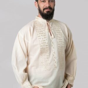 Camasa barbateasca traditionala crem cu motiv geometric auriu Iacob 02